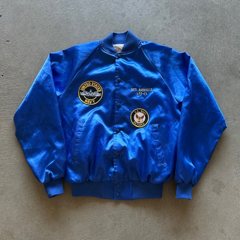 Vintage 80s US Navy Jacket Size Medium Blue Satin USS Nashville LPD-13 Patches